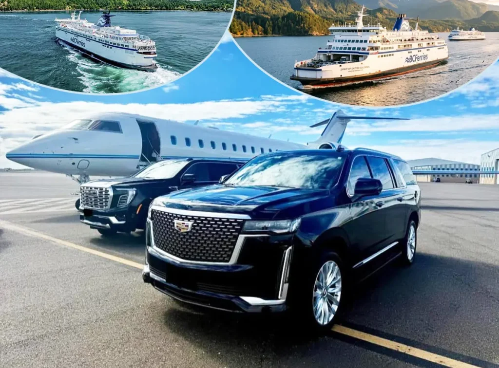 Luxury transfer from Vancouver Airport to Tsawwassen Ferry Terminal featuring private black Cadillac Escalade and GMC Yukon SUVs with a BC Ferries ship connection.