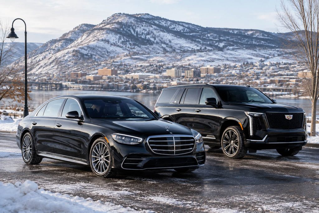 Luxury chauffeur vehicle on the Coquihalla Highway during a Vancouver to Kamloops private transfer.