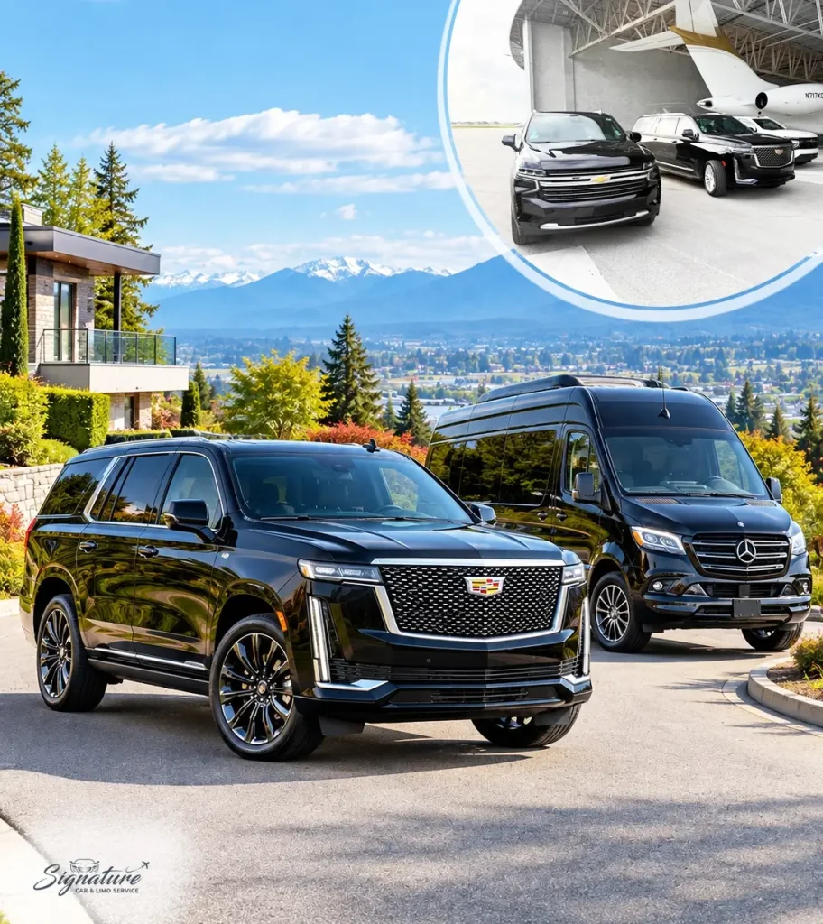 Luxury Cadillac SUV and Mercedes Sprinter van from Signature Black Car & Chauffeur Service, offering premier Langley limo and private chauffeur services.